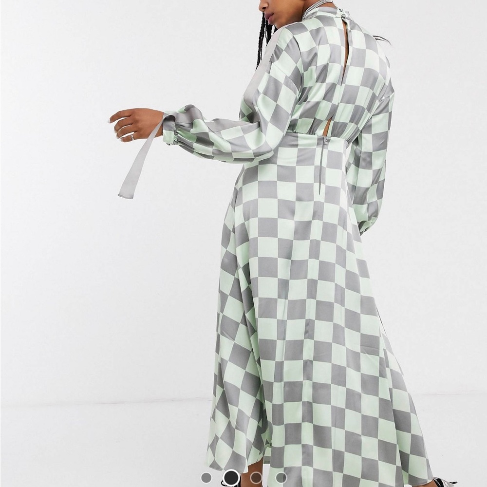 ASOS Design ruched satin midi dress with herringbone type in checkerboard print